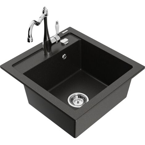 Mexen Vito 1-Becken-Granit-Spüle mit Mischbatterie Carla, Schwarz/Gold metallisch - 6503-75-670700-0