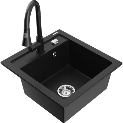 Mexen Vito 1-Becken-Granit-Spüle mit Mischbatterie Elia, Schwarz - 6503-77-670101-70
