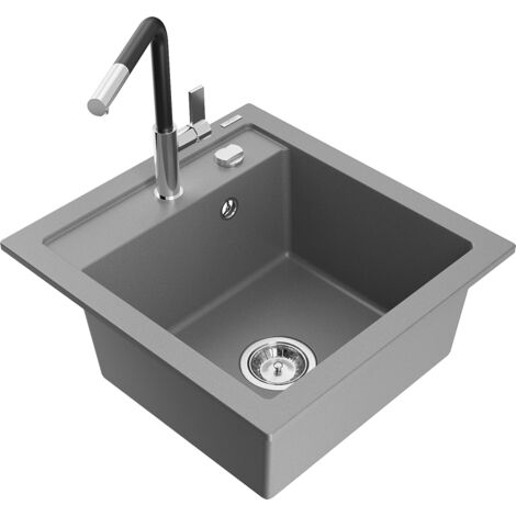 Mexen Vito 1-Becken-Granit-Spüle mit Mischbatterie Flora, Grau - 6503-71-670401-07