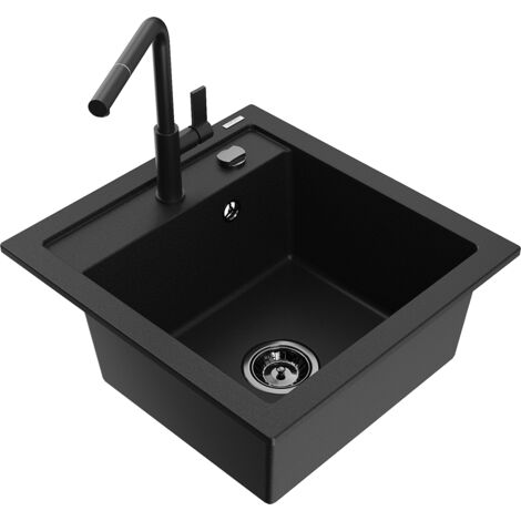Mexen Vito 1-Becken-Granit-Spüle mit Mischbatterie Flora, Schwarz - 6503-77-670401-70-B