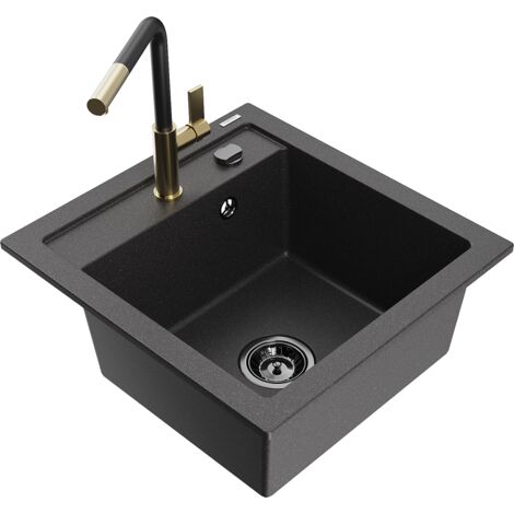 Mexen Vito 1-Becken-Granit-Spüle mit Mischbatterie Flora, Schwarz gesprenkelt - 6503-76-670401-57-B