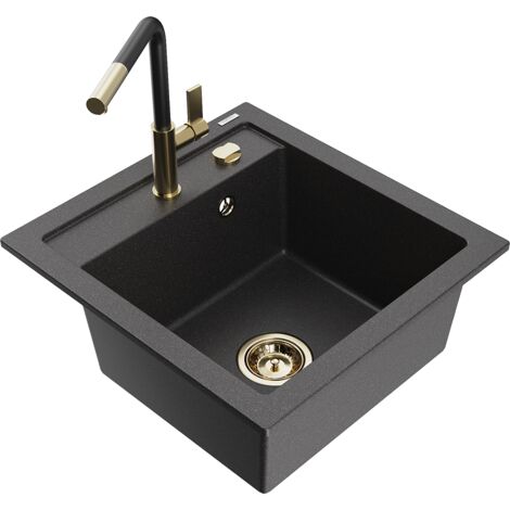 Mexen Vito 1-Becken-Granit-Spüle mit Mischbatterie Flora, Schwarz gesprenkelt - 6503-76-670401-57-G