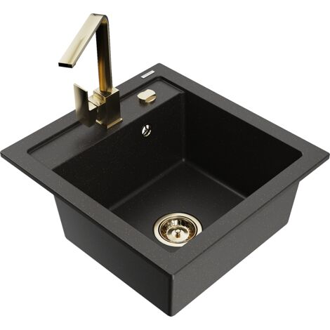Mexen Vito 1-Becken-Granit-Spüle mit Mischbatterie Rita, Schwarz/Gold metallisch - 6503-75-670300-50