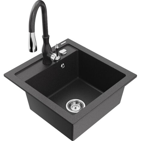Mexen Vito 1-Becken-Granit-Spüle mit Mischbatterie Savita, Schwarz gesprenkelt - 6503-76-672601-76