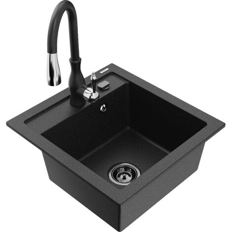Mexen Vito 1-Becken-Granit-Spüle mit Mischbatterie Savita, Schwarz/Silbermetallic - 6503-73-672601-7
