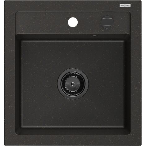 Mexen Vito fregadero de cocina de granito de 1 cubeta 520 x 490 mm, negro/oro met谩lico, sif贸n negro - 6503521000-75-B