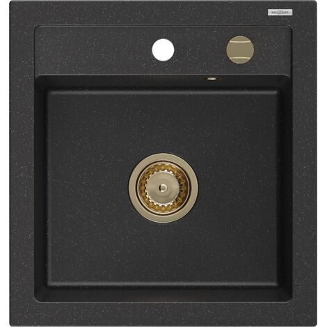 Mexen Vito fregadero de granito de 1 cubeta 520 x 490 mm, negro/plateado met谩lico, sif贸n dorado - 6503521000-73-G