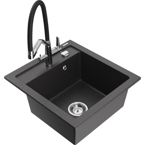 Mexen Vito fregadero de granito de 1 cubeta con grifo de cocina Duo, negro moteado - 6503-76-671701-07