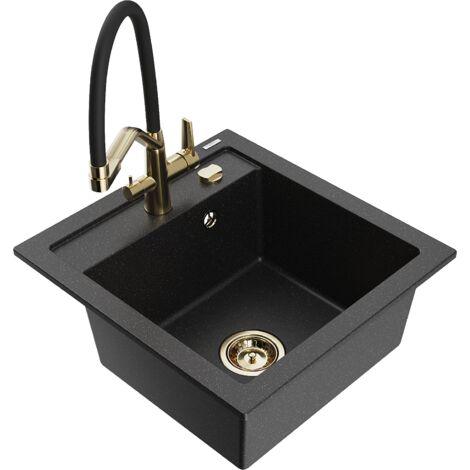 Mexen Vito fregadero de granito de 1 cubeta con grifo de cocina Duo, negro/plata met谩lica - 6503-73-671701-57-G
