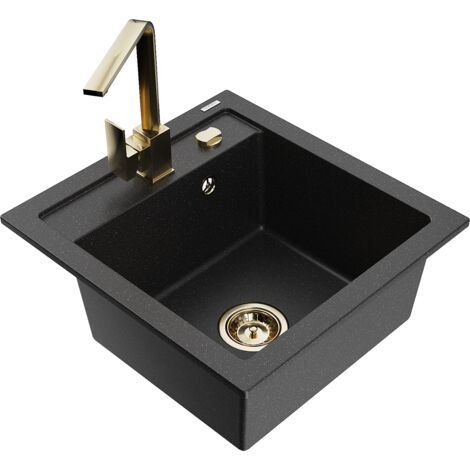 Mexen Vito fregadero de granito de 1 cubeta con grifo de cocina Rita, negro/met谩lico plateado - 6503-73-670300-50