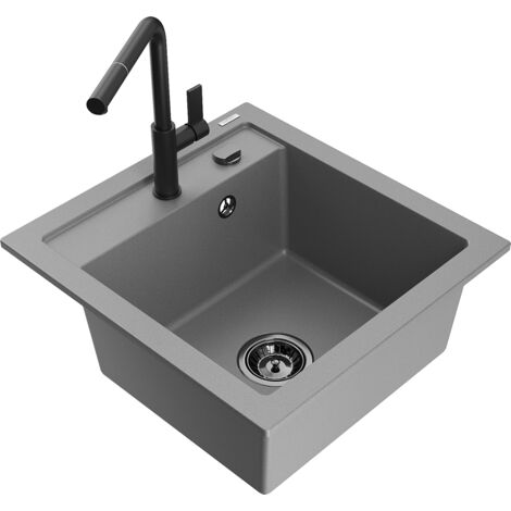 Mexen Vito fregadero de granito de 1 seno con grifo de cocina Flora, gris - 6503-71-670401-70-B