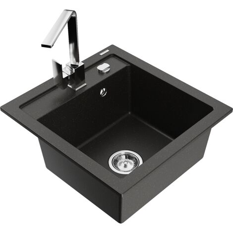 Mexen Vito fregadero de granito de 1 seno con grifo de cocina Rita, negro/dorado met谩lico - 6503-75-670300-00