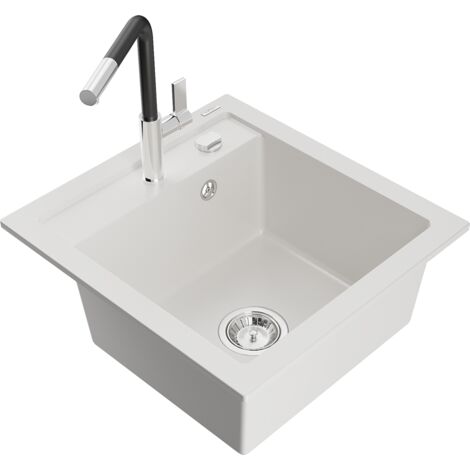 Mexen Vito lavabo in granito 1-vasca con rubinetto da cucina Flora, bianco - 6503-20-670401-07