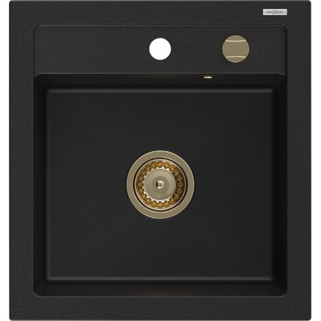 Mexen Vito lavello da cucina in granito 1-vasca 520 x 490 mm, nero, sifone dorato - 6503521000-77-G