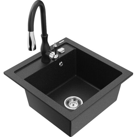 Mexen Vito lavello da cucina in granito a 1 vasca con rubinetto da cucina Savita, nero/argento metallizzato - 6503-73-672601-70