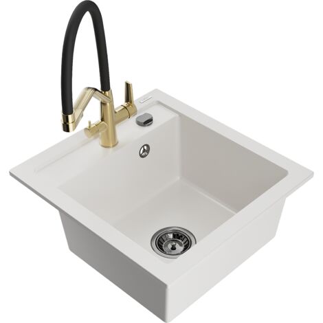 Mexen Vito lavello in granito a 1 vasca con miscelatore da cucina Duo, bianco - 6503-20-671701-57-B
