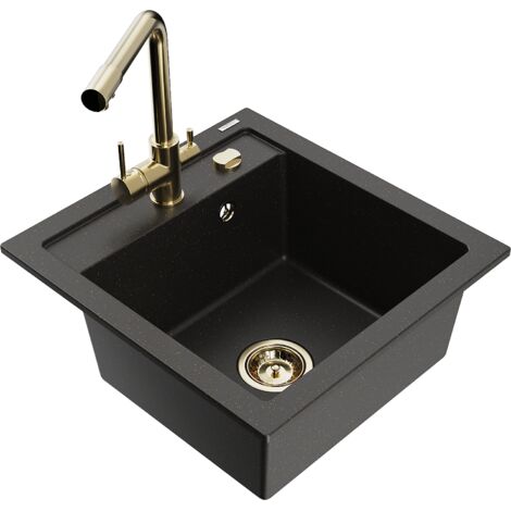 Mexen Vito lavello in granito a 1 vasca con rubinetto cucina Duero, nero/oro metallico - 6503-75-671600-50