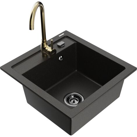 Mexen Vito lavello in granito a 1 vasca con rubinetto da cucina Telma, nero/oro metallizzato - 6503-75-670200-50-B