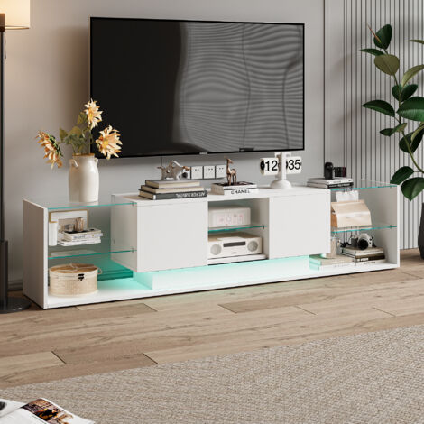 MEXUS – Meuble TV blanc brillant 200 cm – 2 Tiroirs – Éclairage LED 24 couleurs – Rangement avec étagères en verre – Dimensions 200x35x45 cm