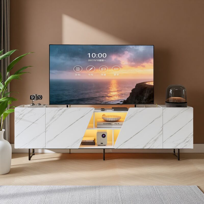 MEXUS – Meuble TV blanc imitation marbre 220 cm – 4 portes – Éclairage LED 7 couleurs – Rangement avec étagères et pieds en métal
