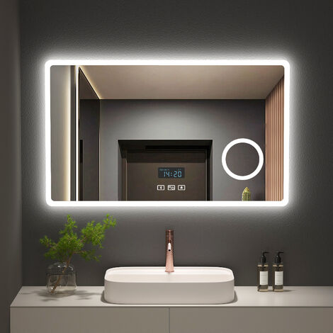 Meykoers Badspiegel mit Beleuchtung 100x60cm LED-Badezimmerspiegel Touch- Schalter, Beschlagfrei, Uhr, Bluetooth, 3X Vergrößerung, Dimmbar Warmweiß/  kaltweiß/ neutral Licht