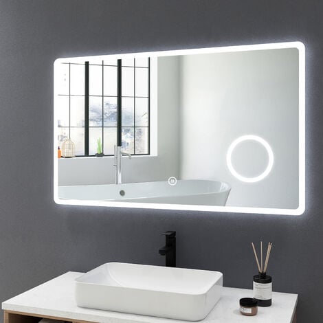 Meykoers Badspiegel 100x60cm Touch Schalter Badezimmerspiegel mit 3X Vergrößerung, Kaltweiß Licht Wandspiegel IP44