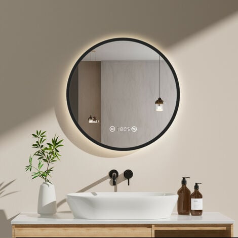 MEYKOERS Black Frame Mirror with Demister, Clock, Touch Switch, Brightness Adjustable