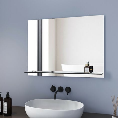 MEYKOERS 80x60cm with Shelf, Frameless Wall Mounted Bathroom Mirror with storage shelf