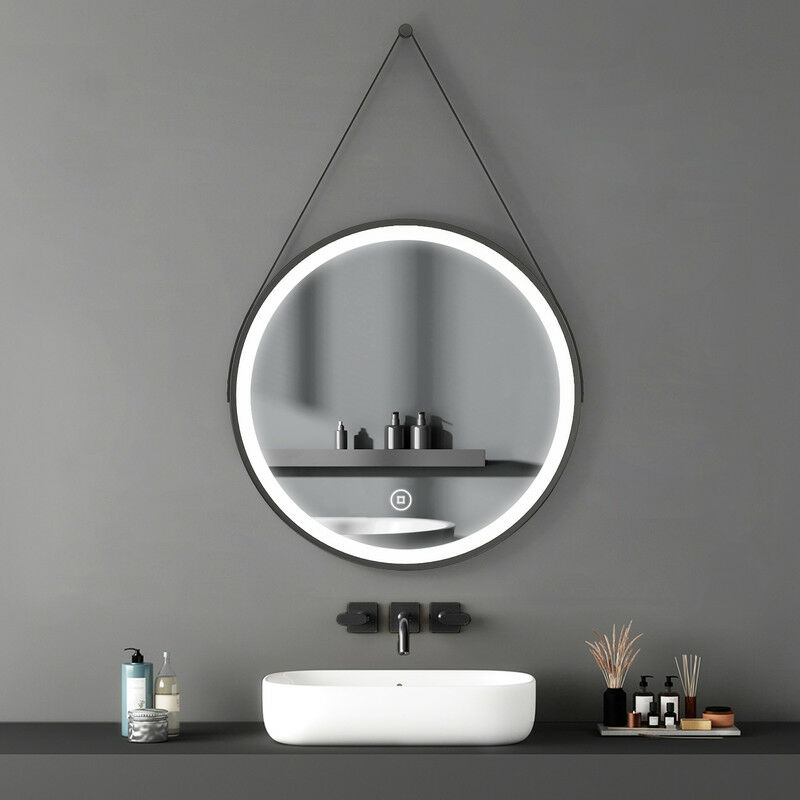 Meykoers - Bathroom Mirror with led Light 600mm black Border Round Illuminated Backlit Mirror with Demister and Touch Control