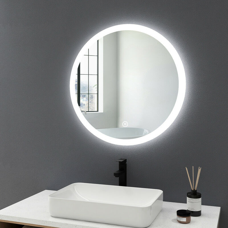 Meykoers - Bathroom Mirror with Led Lights 600mm Modern Round Illuminated Mirror with Demister and Touch Control