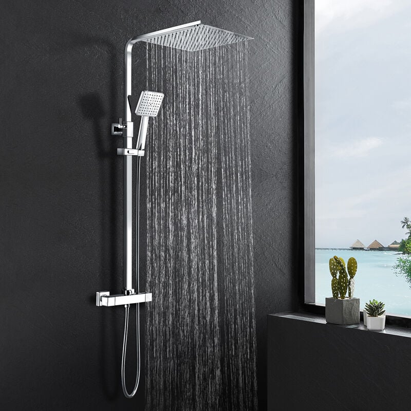 Colonne de Douche Thermostatique Douche Kit Monofonction Carré Douchette avec Mitigeur Thermostatique tringle à douche Hauteur Réglable - Meykoers