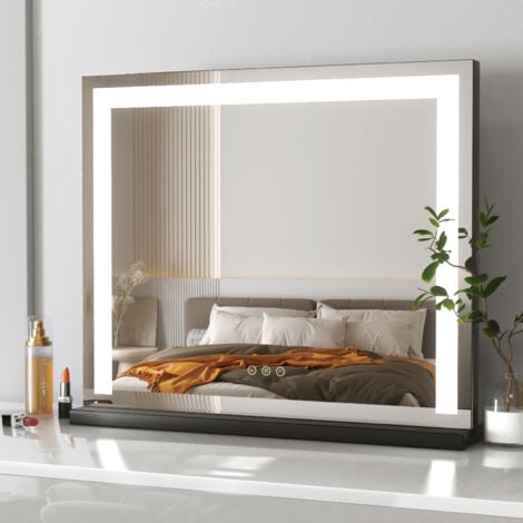 MEYKOERS 60x52cm, Tabletop Cosmetic Mirror Black Border with 3 Color Lighting Modes, Touch Control