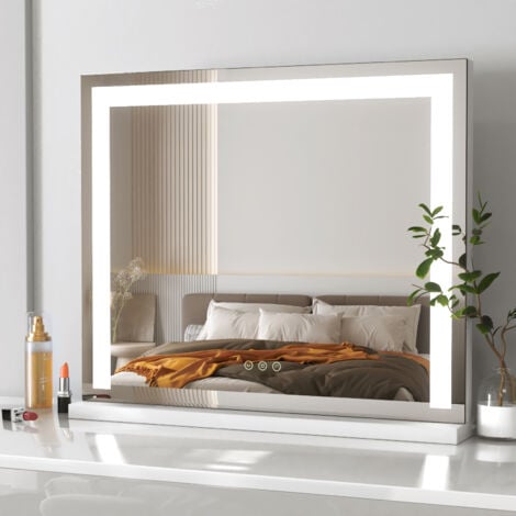 MEYKOERS 60x52cm, Tabletop Cosmetic Mirror White Border with 3 Color Lighting Modes, Touch Control