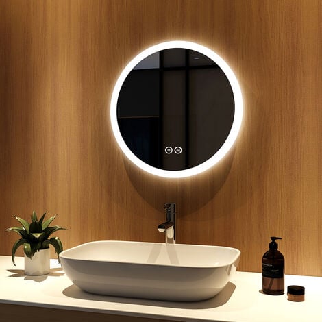 Meykoers Illuminated Bathroom Mirror 50cm Round Dimmable LED Mirror with Touch-Switch, Demister Pad, 3 light colors