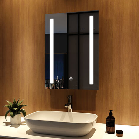 Meykoers LED Badspiegel 50 x 70 cm Badezimmerspiegel mit Beschlagfrei, Kaltweißer Beleuchtung Wandspiegel, Touch-schalter