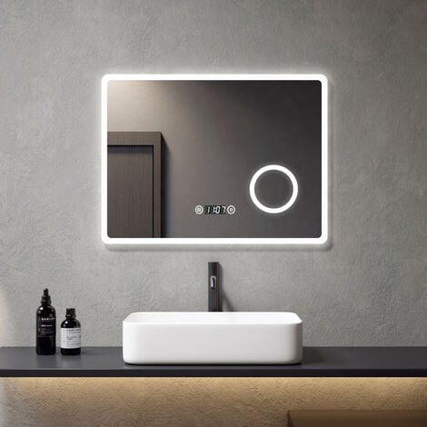 Meykoers LED Badspiegel mit Beleuchtung 80x60cm Badezimmerspiegel mit Touch, Beschlagfrei, Uhr und 3X Vergrößerung, Dimmbar Warmweiß/ kaltweiß/ neutral