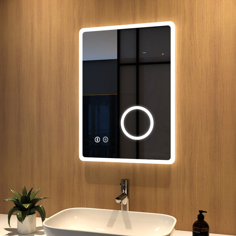 Meykoers - led Bathroom Mirror with Demister Pad and Bluetooth, 700 x 500 mm, Illuminated Backlit Wall Mounted Mirror Shaver Socket, Cold white light