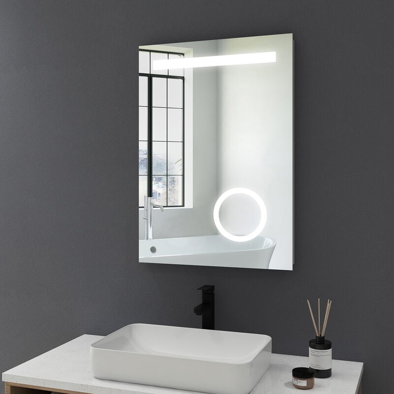 Meykoers - led Illuminated Bathroom Mirror with Demister Pad and button Switch, Wall-Mounted Backlit Bathroom Mirror, 2 colors lights, 700 x 500 mm