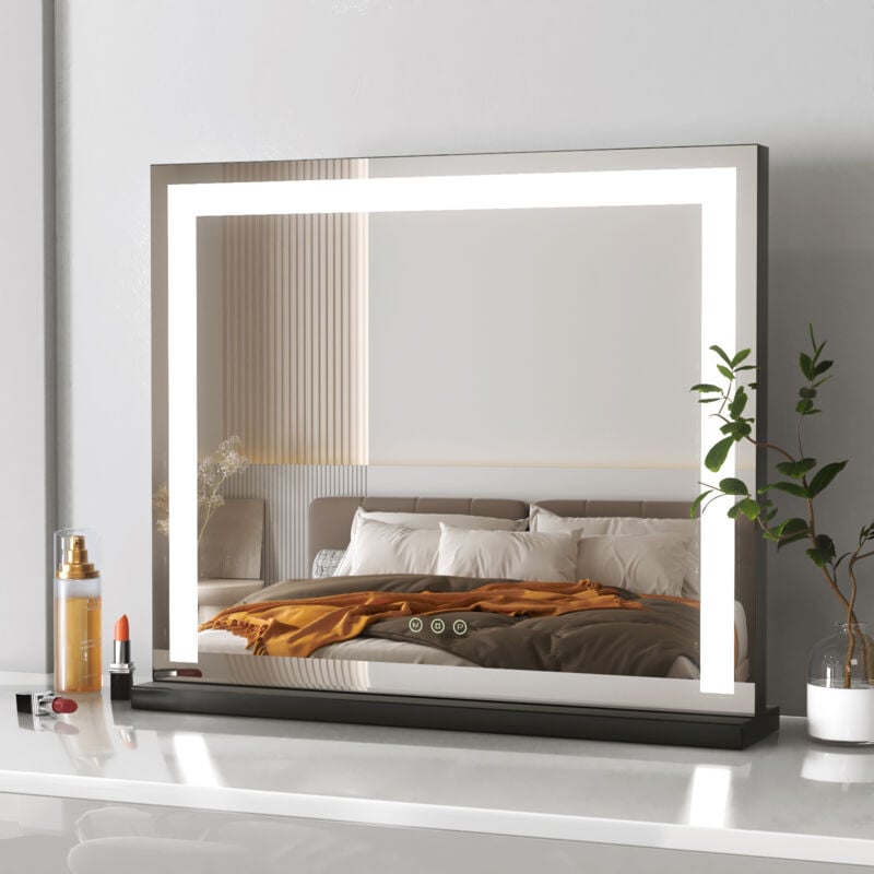 Miroir de Maquillage led 50x42cm Hollywood Miroir avec lampe, avec 3 couleurs d'éclairage et luminosité dimmable - Noir - Meykoers