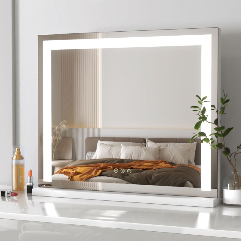 Miroir de Maquillage led 60x52cm Hollywood Miroir avec lampe, avec 3 couleurs d'éclairage et luminosité dimmable - Blanc - Meykoers