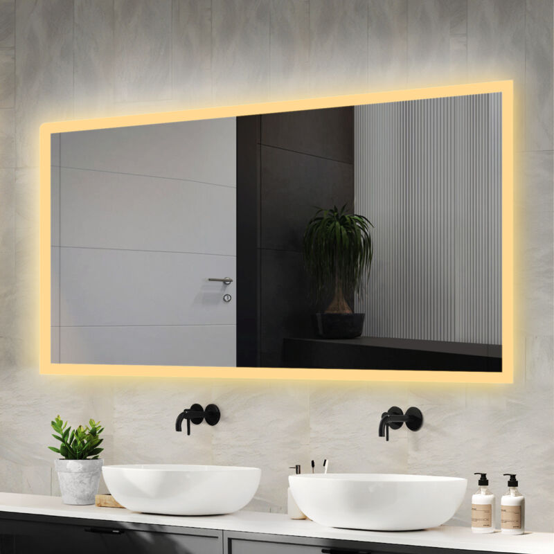 Meykoers - Miroir de Salle de Bain 120x60cm Miroir Mural avec Blanc Chaud éclairage, Interrupteur mural, verticale ou horizontal