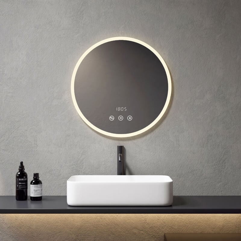 Meykoers - Miroir de Salle de Bain 60 cm rond led Miroir salle de bain avec Interrupteur Tactile + Anti-buée + Bluetooth + Horloge et Luminosité