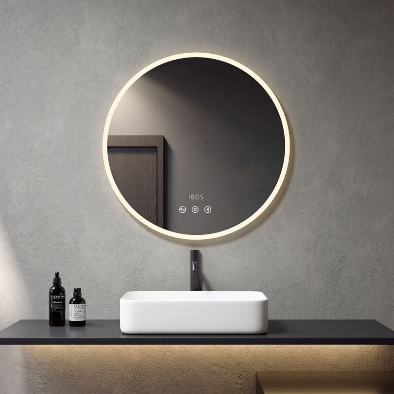 Meykoers - Miroir de Salle de Bain 80 cm rond led Miroir salle de bain avec Interrupteur Tactile + Anti-buée + Bluetooth + Horloge et Luminosité