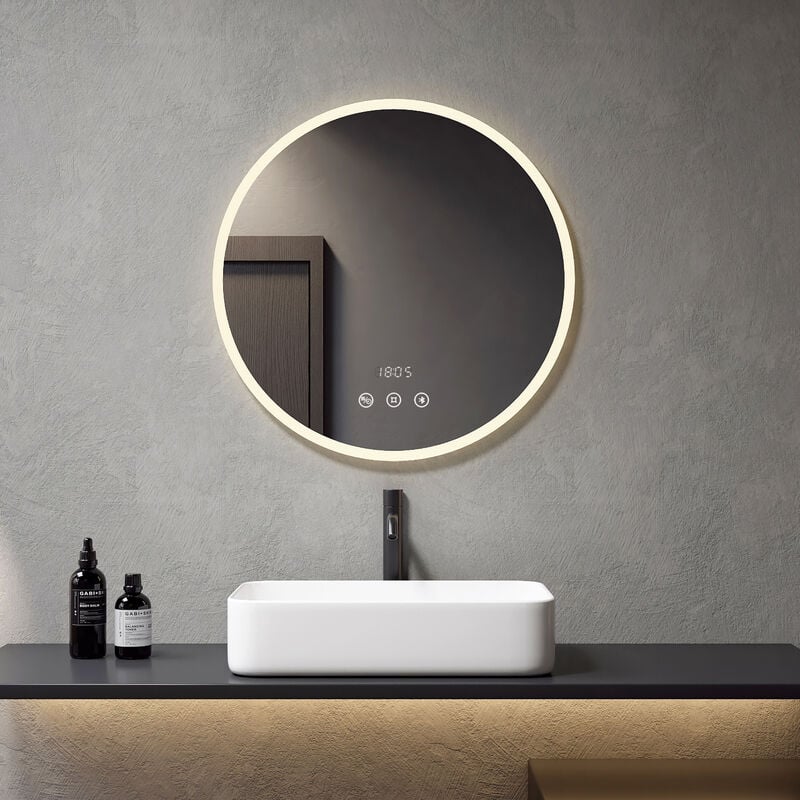 Meykoers - Miroir de Salle de Bain 70 cm rond led Miroir salle de bain avec Interrupteur Tactile + Anti-buée + Bluetooth + Horloge et Luminosité