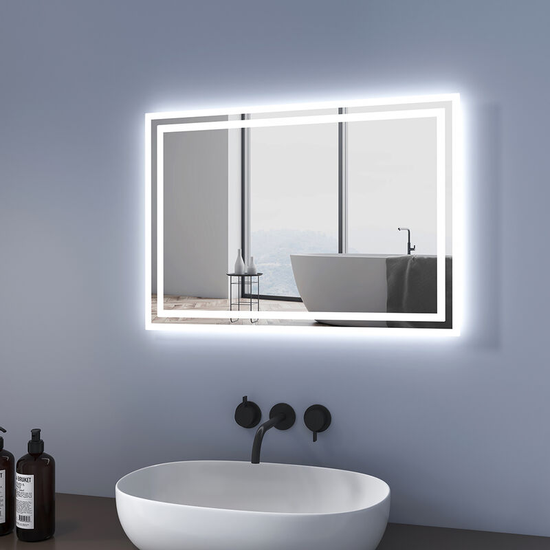 Miroir de Salle de Bain 70x50cm Miroir led Mural avec anti-buée, blanc froid et Blanc chaud éclairage, Interrupteur Mécanique - Meykoers