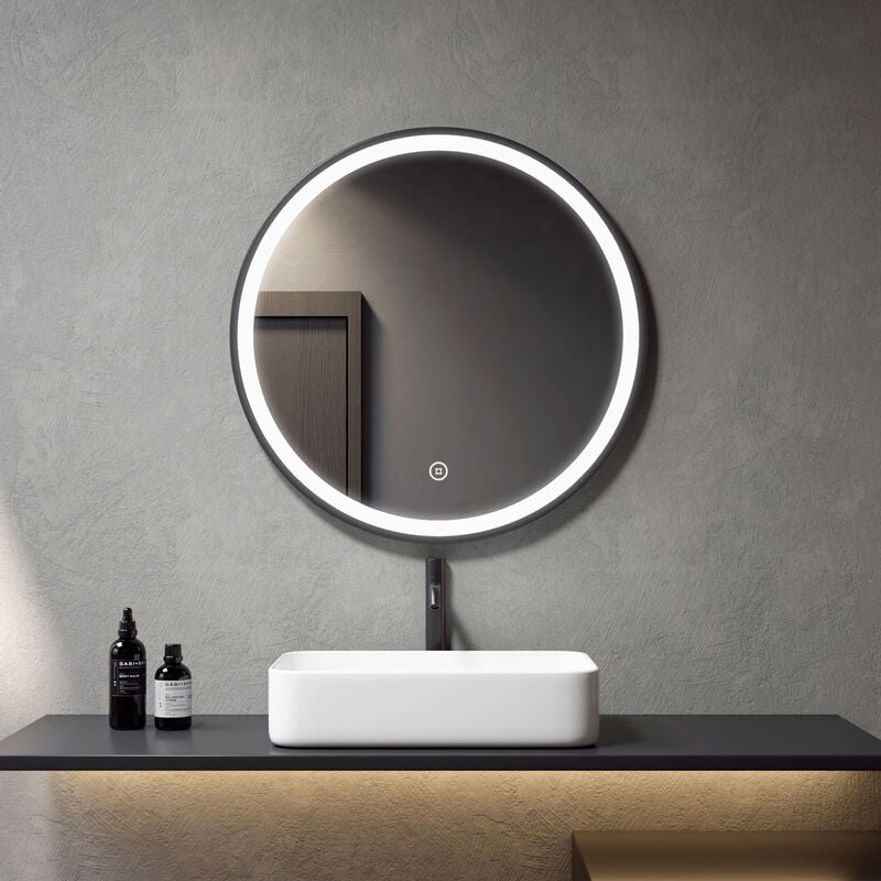 Miroir de salle de bain ∅80cm avec blanc froid éclairage, led miroir rond bordure noire, interrupteur tactile - Meykoers