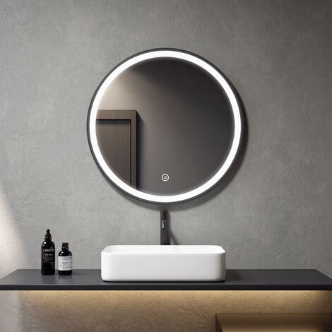 Meykoers Miroir de salle de bain ∅80cm avec blanc froid éclairage, LED miroir rond bordure noire, interrupteur tactile