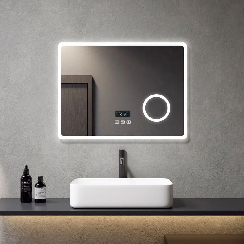 Meykoers - Miroir de salle de bain 80x60cm anti-buée miroir mural, avec horloge, Bluetooth, 3 types led dimmable, Blanc chaud/Blanc froide/Neutre