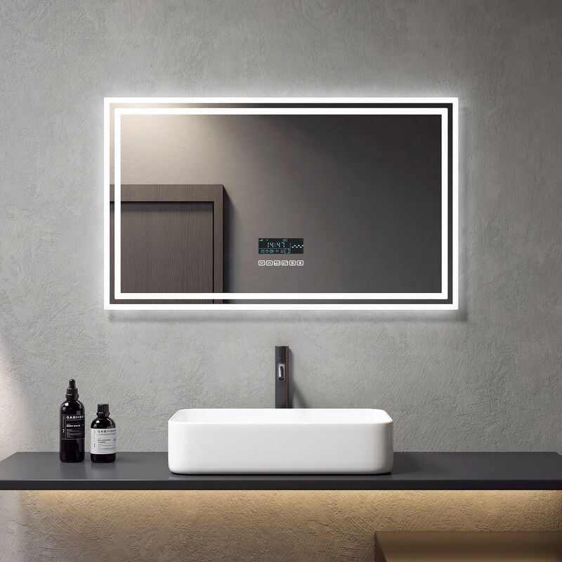 Miroir de salle de bain avec éclairage 100x60cm anti-buée, Miroir led Mural avec Bluetooth, Horloge, Commutateur tactile - Meykoers