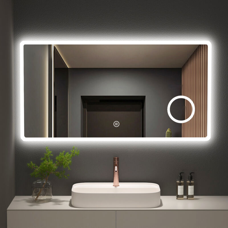 Meykoers Miroir de salle de bain avec éclairage 120x60cm lumineux Miroir Mural avec 3x Loupe, Commutateur Tactile